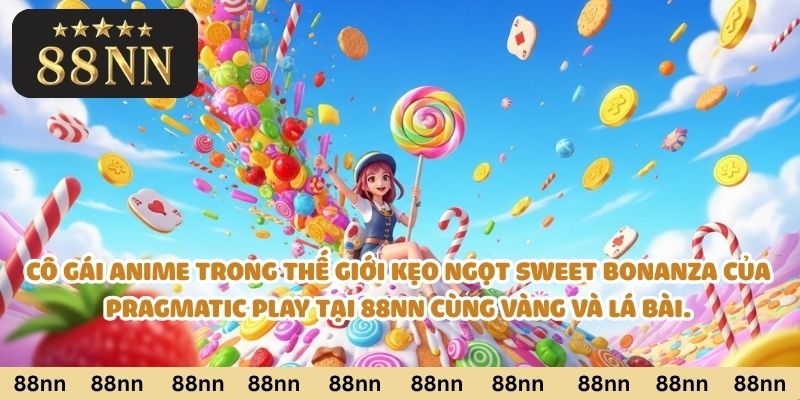 Cô gái anime trong thế giới kẹo ngọt Sweet Bonanza của Pragmatic Play tại 88nn cùng vàng và lá bài