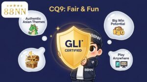 Infographic giải thích sự uy tín của CQ9 Gaming tại 88NN, mô tả một nhân vật chibi 88NN cầm chiếc khiên vàng "GLI Certified" để làm rõ sự công bằng và an toàn của nhà cung cấp này. Game slot châu Á, nổ hũ uy tín.