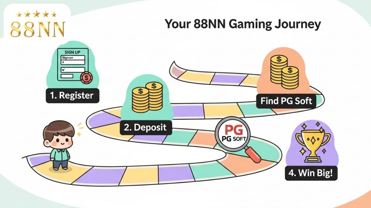 Sơ đồ hướng dẫn các bước chơi game PG Soft tại 88NN, mô tả một hành trình 4 bước từ đăng ký, nạp tiền, tìm sảnh game cho đến chiến thắng để làm rõ cách bắt đầu chơi game một cách dễ dàng. Hướng dẫn tân thủ chơi slot PG Soft.