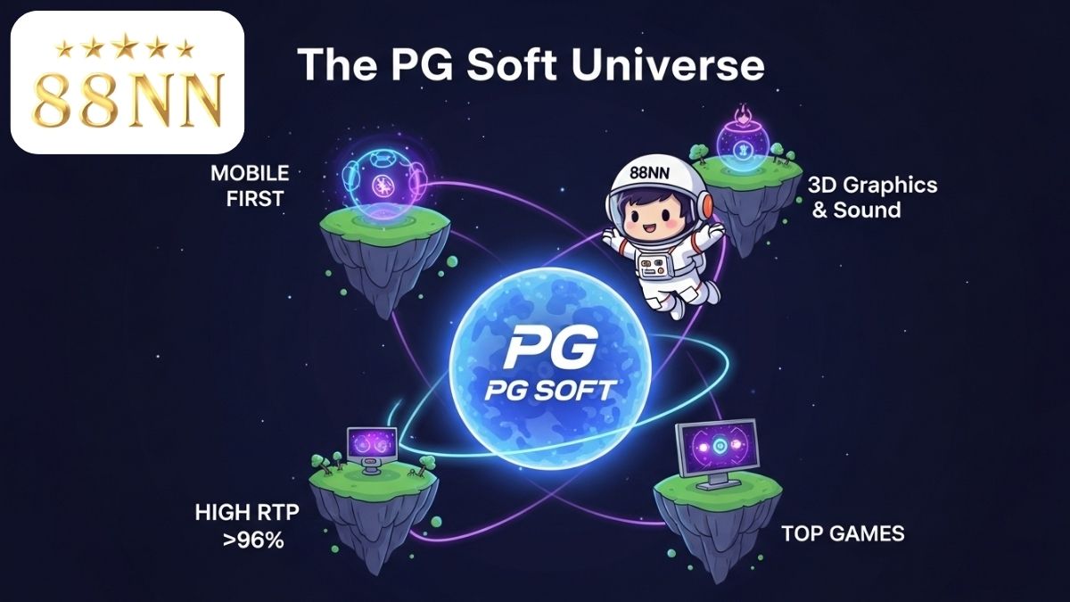 Infographic giải thích các tính năng nổi bật của sảnh game PG Soft tại 88NN, mô tả một vũ trụ game với các hành tinh tượng trưng cho thiết kế ưu tiên di động, đồ họa 3D, tỷ lệ RTP cao và các game hàng đầu để làm rõ lý do PG Soft được yêu thích. Trải nghiệm game slot nổ hũ uy tín.