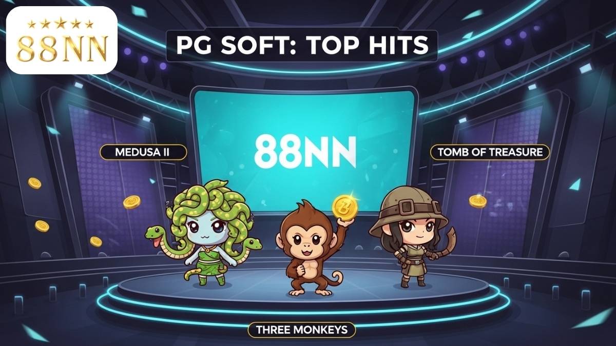 Hình ảnh minh họa giới thiệu các game slot hàng đầu của PG Soft tại 88NN, mô tả các nhân vật chibi dễ thương từ game Medusa II, Three Monkeys, và Tomb of Treasure trên một sân khấu hiện đại để làm rõ sự đa dạng và hấp dẫn của kho game. Chơi nổ hũ PG Soft đồ họa đỉnh cao